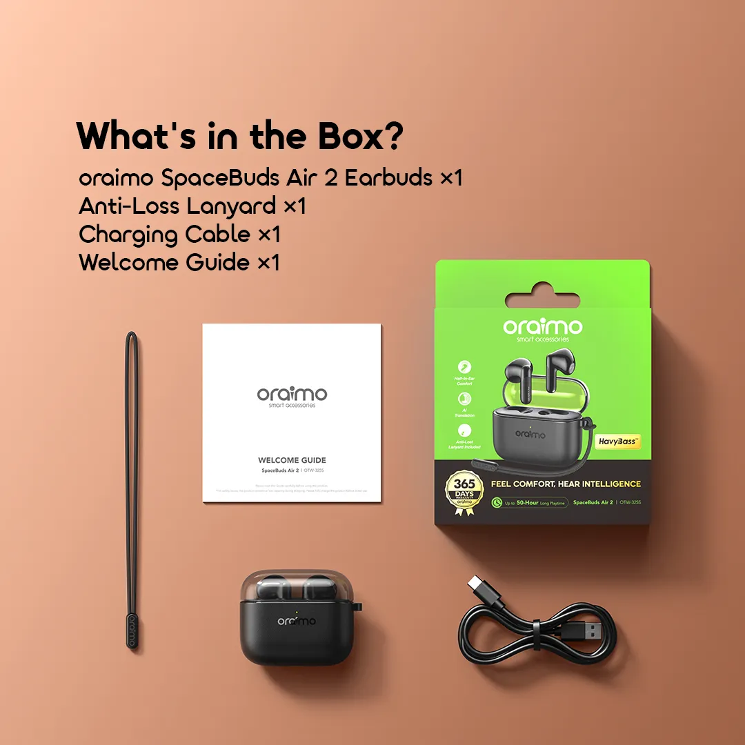 Oraimo SpaceBuds Air 2 — 50h d'autonomie | Traduction IA | Audio Sound360 | IPX4 | Livraison Gabon | Kadmarket